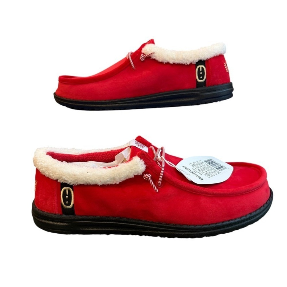 Hey Dude Wally Santa Claus Men 13 Red Christmas Faux Fur Slip On Shoes NIB